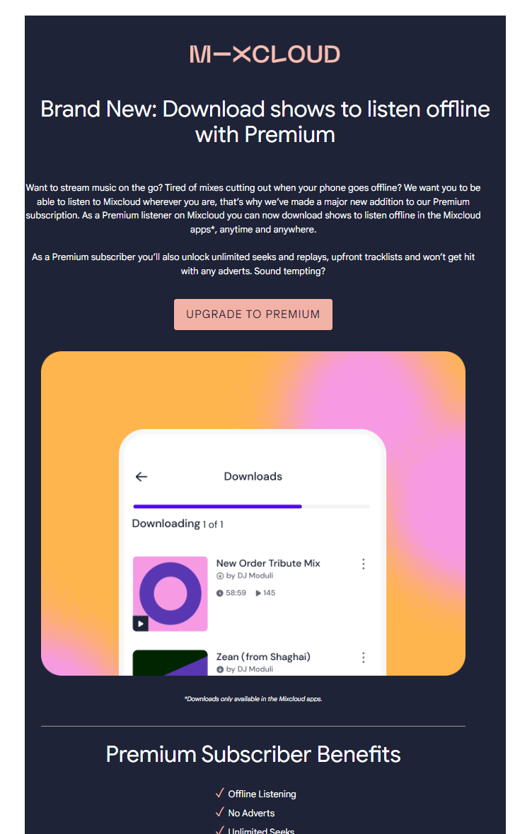 Screenshot of Mixcloud Marketing email.