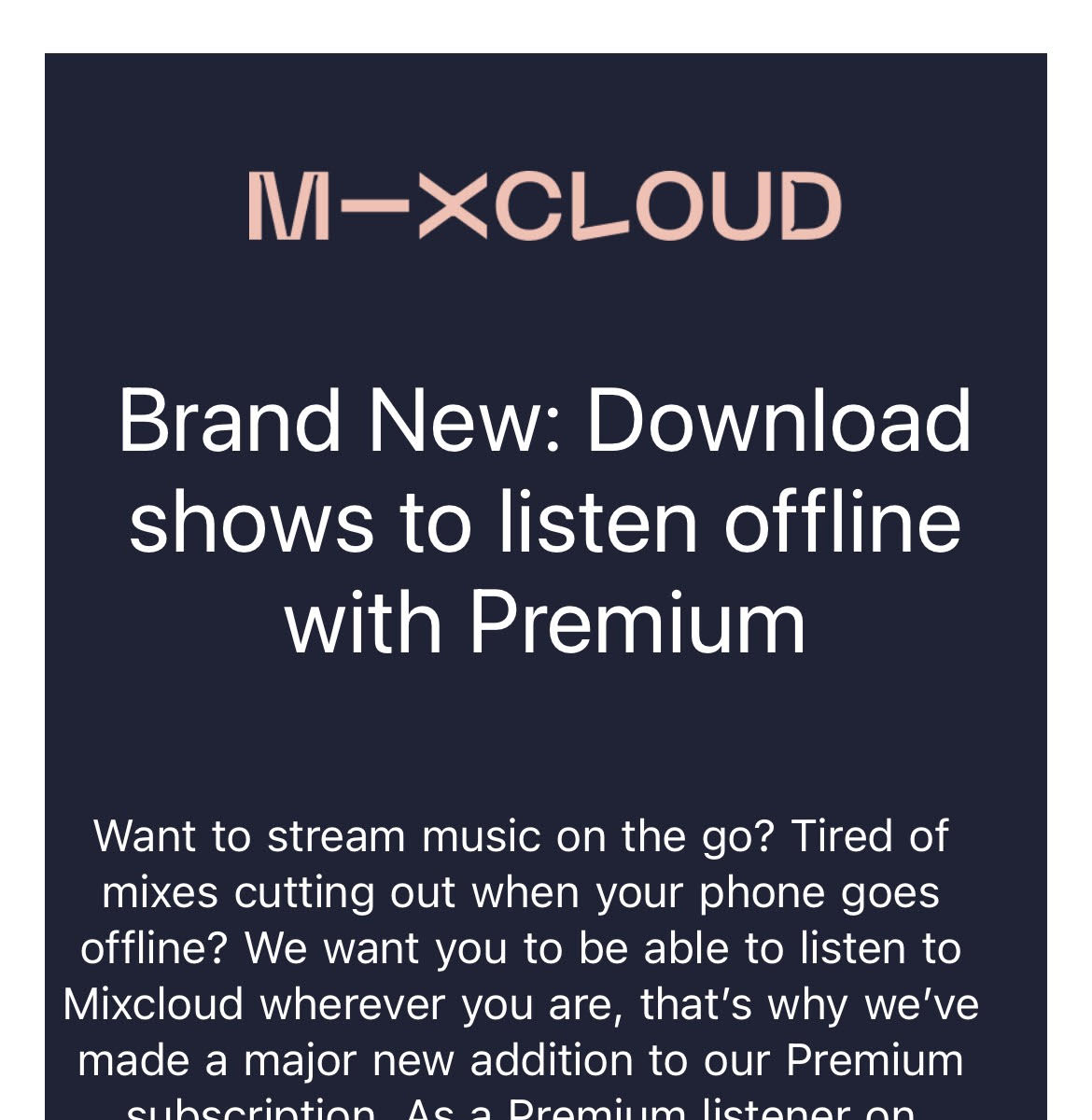 Screenshot of Mixcloud Marketing email.