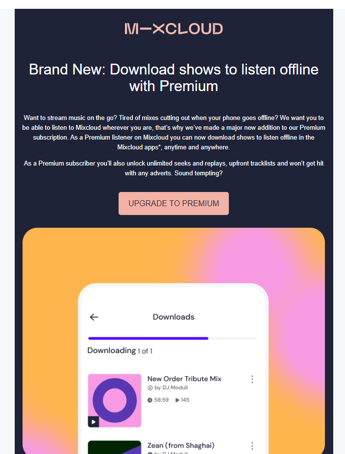 Screenshot of Mixcloud Marketing email.