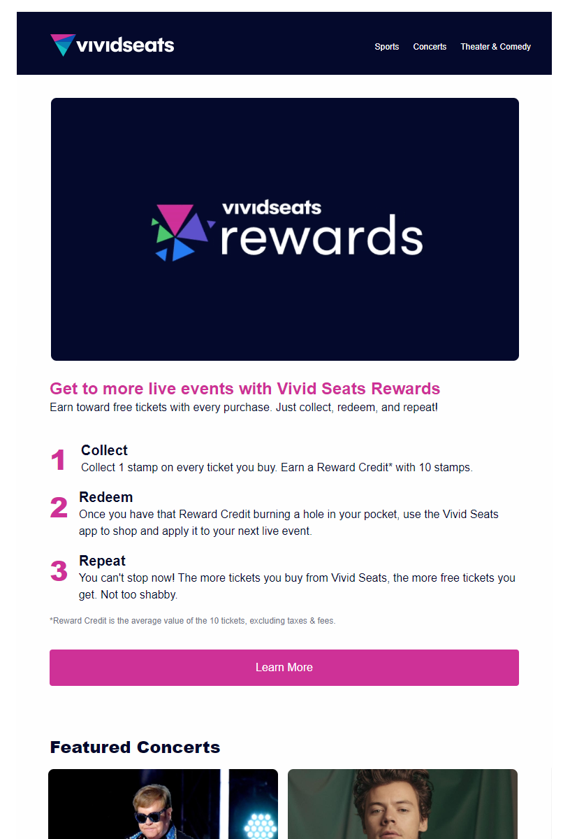 Screenshot of Vividseats Marketing email.