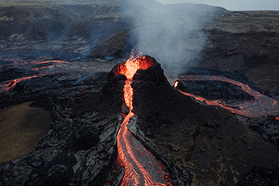 Aerial view of an active volcano